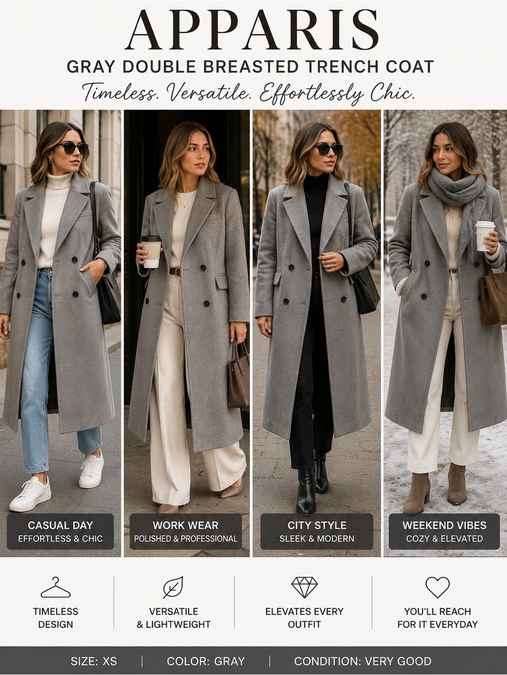 Apparis Gray Double Breasted Long Trench Coat XS Classic Chic